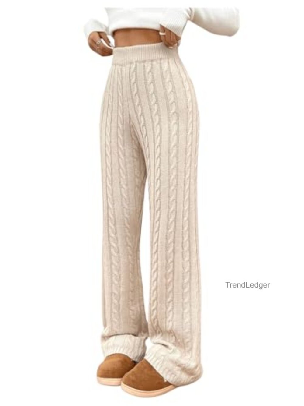 Cable Knit High Waisted Sweater Lounge Pants Pull On Casual